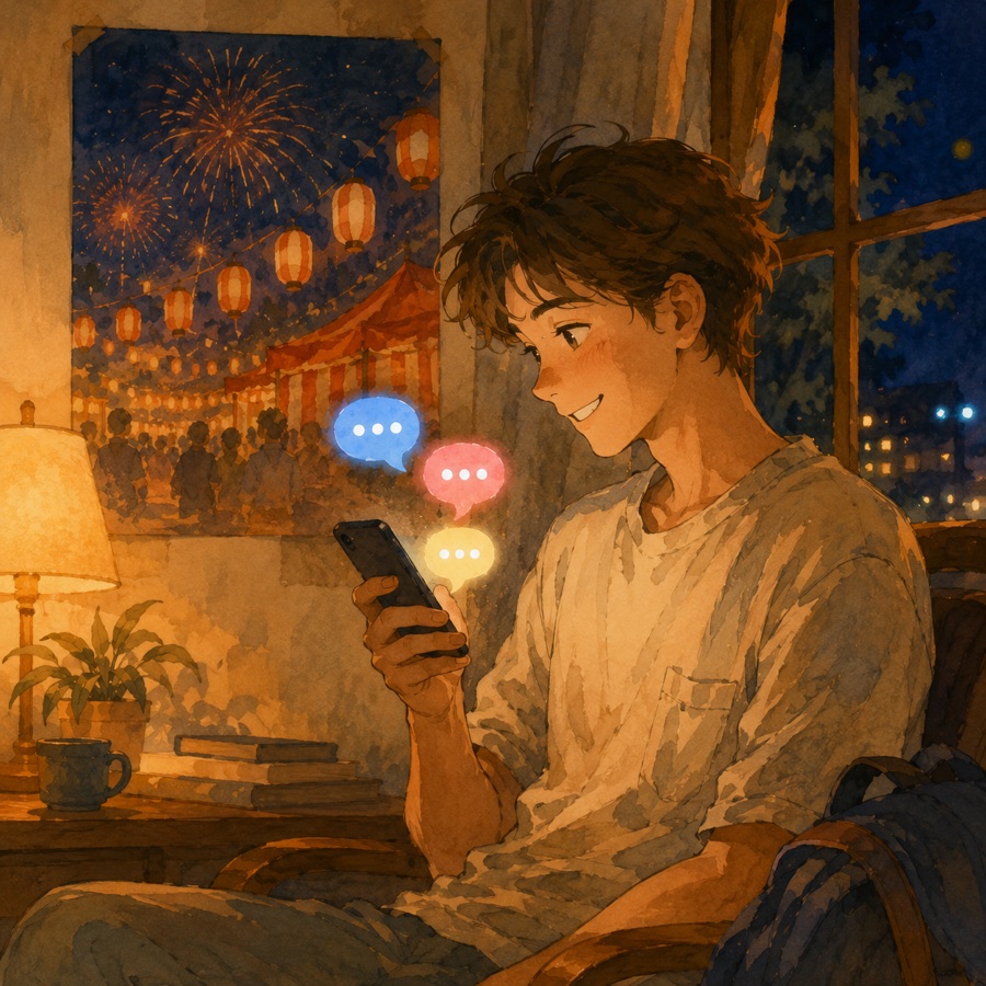夜、自宅でスマホからお祭りの情報を調べる来場者