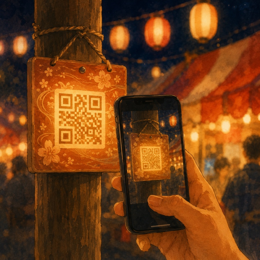 祭り会場の看板に掲示されたQRコードをスマホで読み取る様子