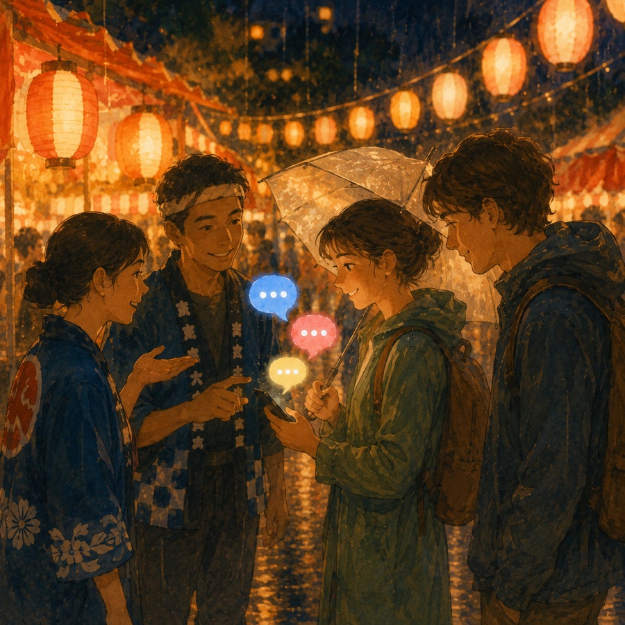 雨の夜祭で傘をさす来場者と法被姿のスタッフ