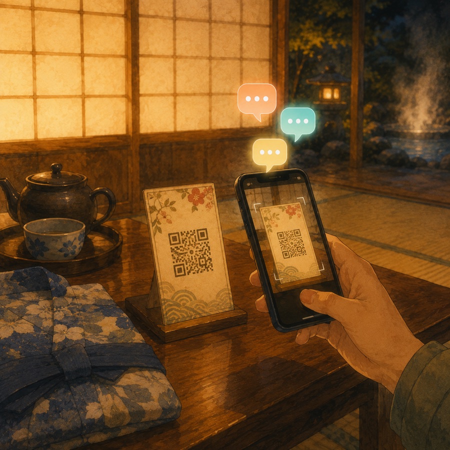 客室の卓上に置かれたQRをスマホで読み取る様子
