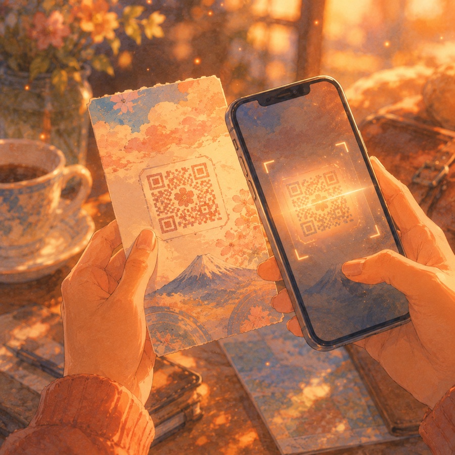 ツアーのバウチャーに印刷されたQRコードをスマホで読み取る様子